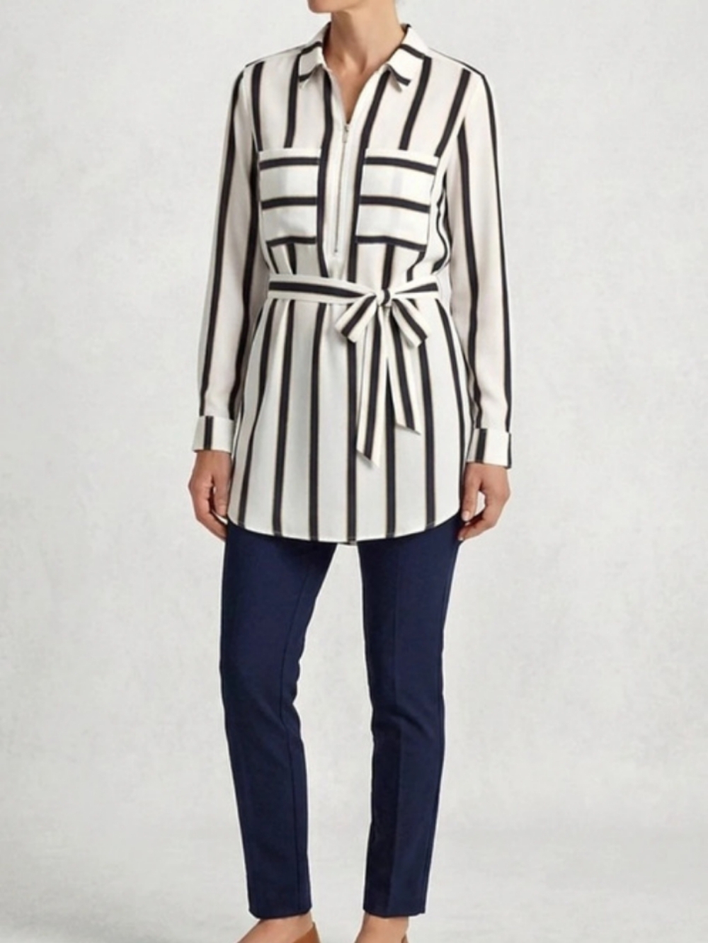 Dynamite Striped Zip Neckline Tie Waist Top in White & Blue Size Medium